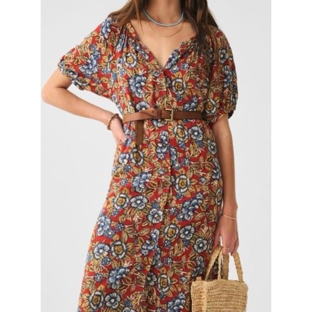 FAHERTY Dress S Midi LInen Brown Floral  Tie Waist Pockets